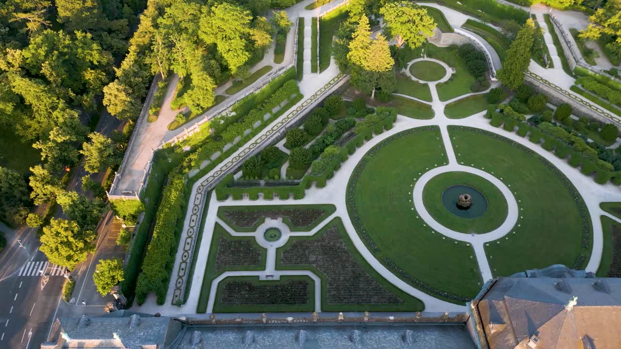 4K Aerial Drone Video of the Beautiful Felsenbrunnen Garden at the Palatial Residence Palace in Würzburg, Germany
