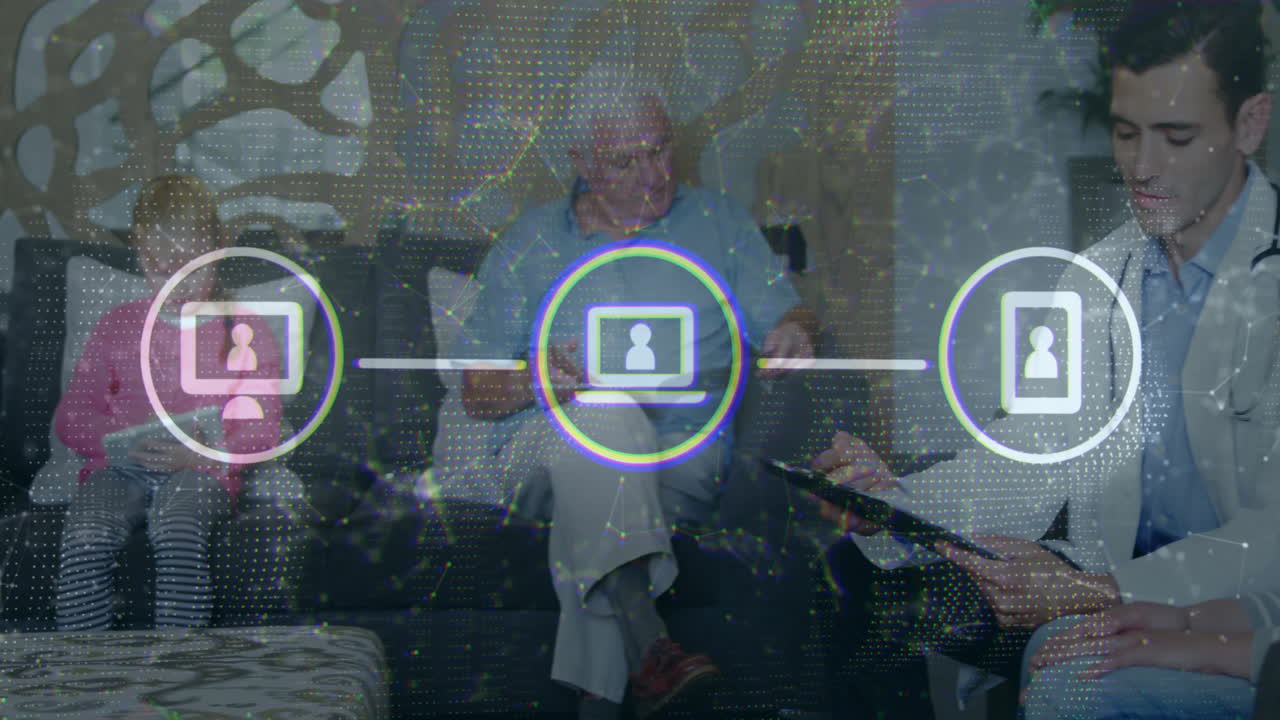 Family members sitting in health lounge, interacting with digital network icons and device screens