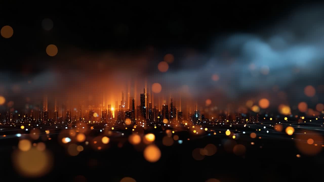 Una splendida vista panoramica dello skyline di una città vivace, illuminata da luci brillanti, che crea un'aura affascinante su uno sfondo notturno spettacolare di nuvole turbinanti