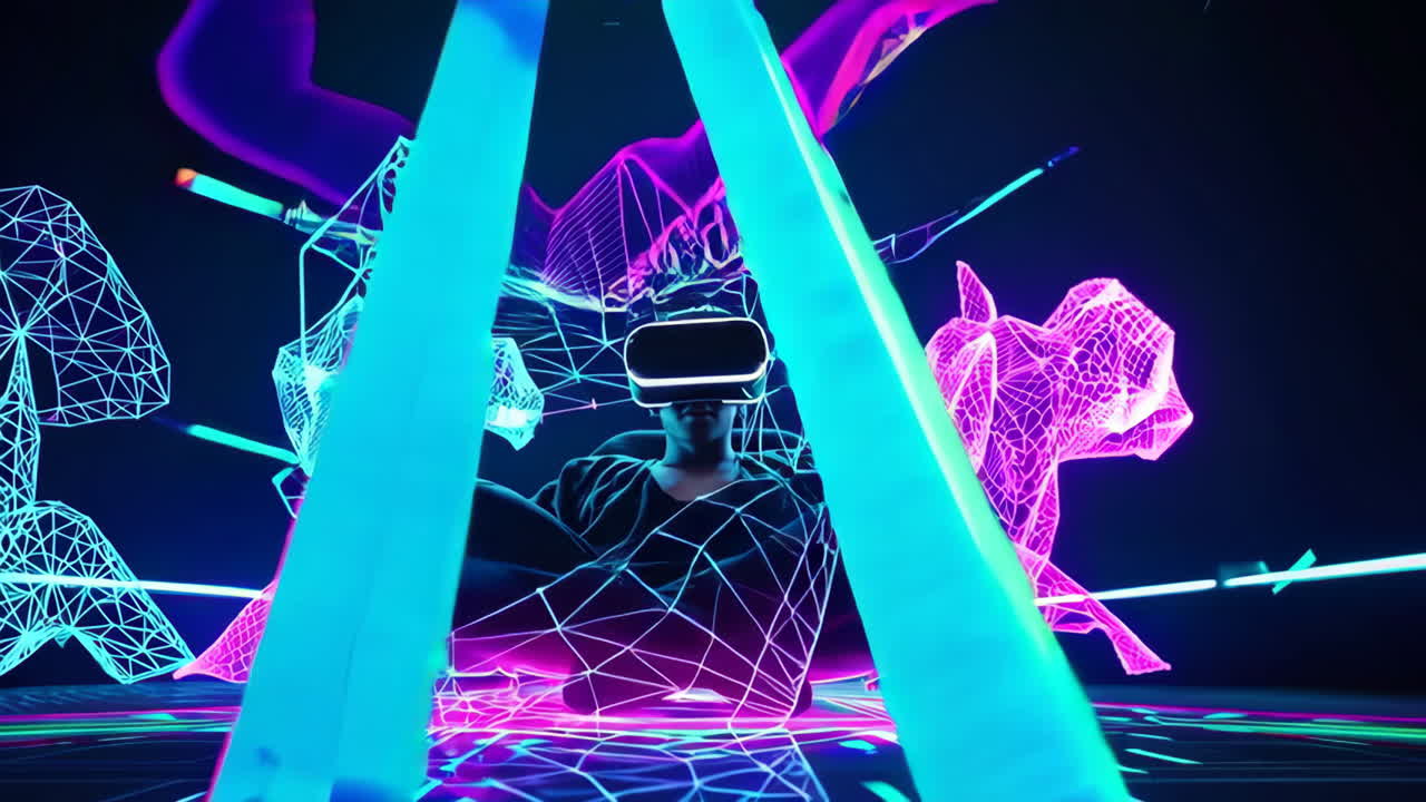 Person Experiencing Virtual Reality in Futuristic Environment