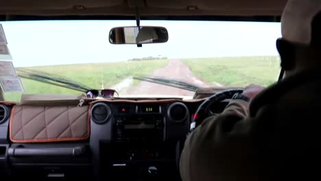 african man driving crossover through the savanna in africa