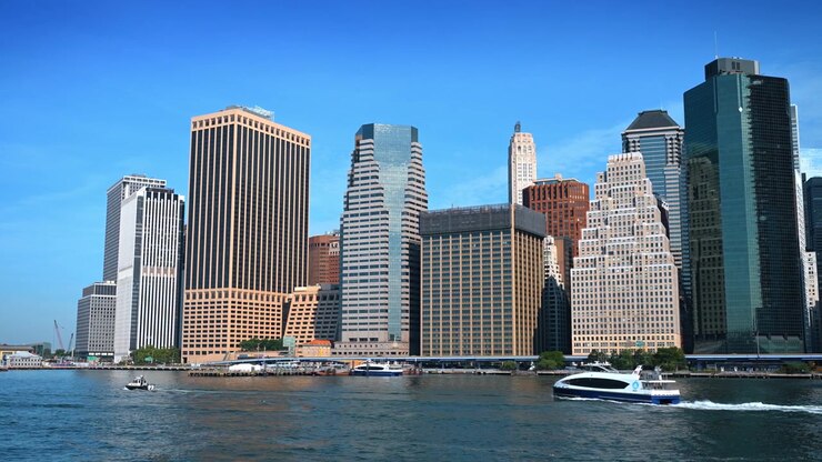Balsa passando pelo horizonte de Lower Manhattan. Uma embarcação de passageiros branca atravessa o East River abaixo de torres de escritórios iluminadas pelo sol.