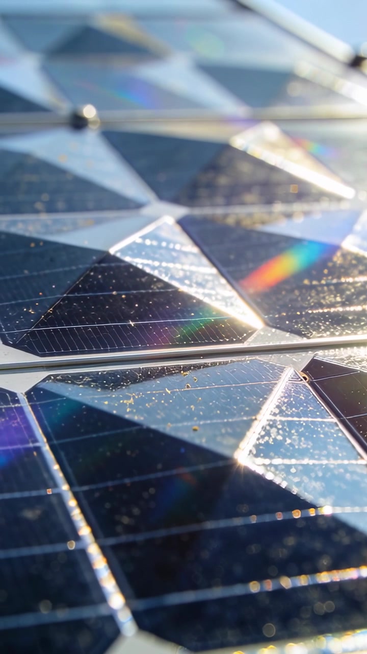 Video verticale: L'angolo del sole che cambia fa sì che pannelli sfaccettati proiettino un bagliore sul tetto, gocce che brillano