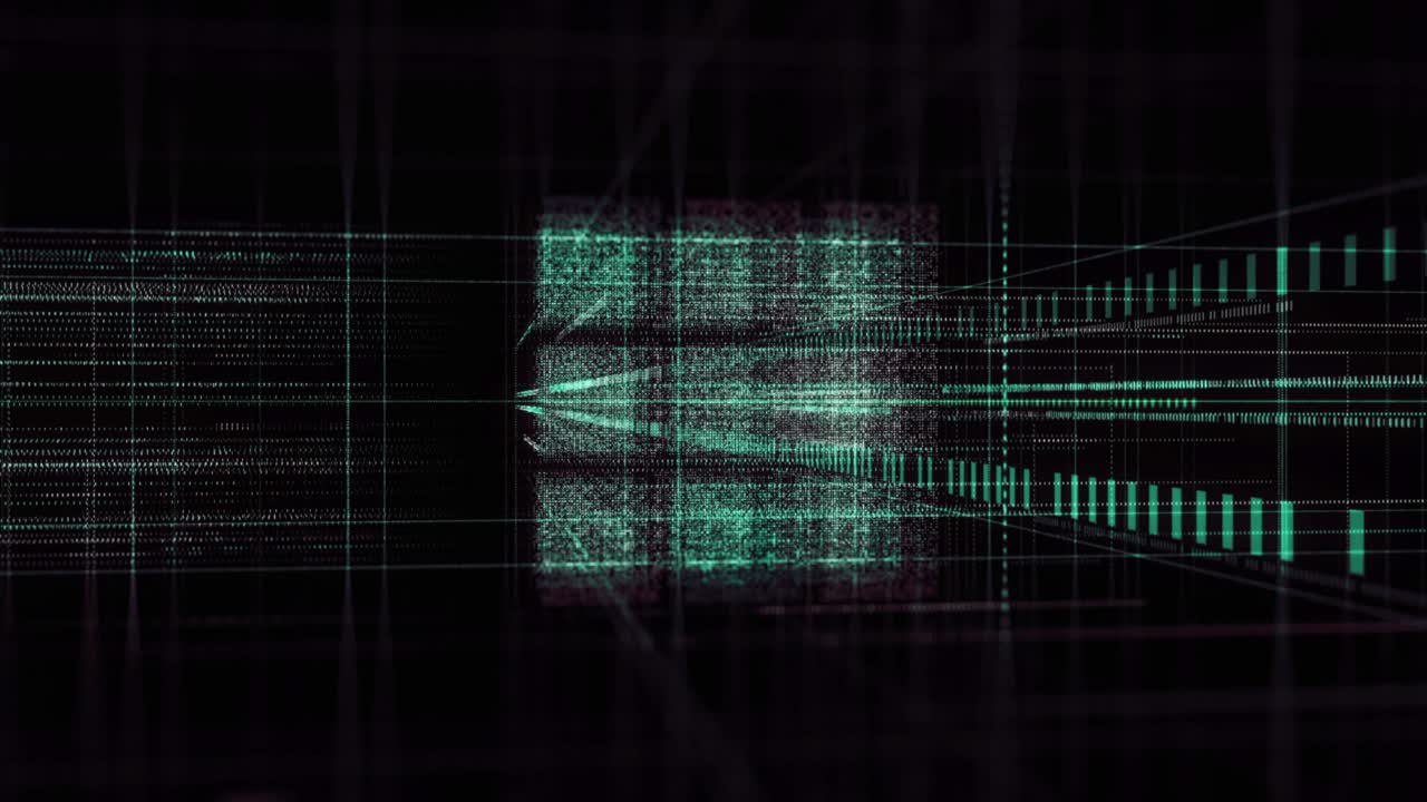 3D spinning cube in the computing core with interchanging Information streams. Animation. Volumetric pattern with a green cube made of millions of tiny particles shimmering on black background, seamless loop.