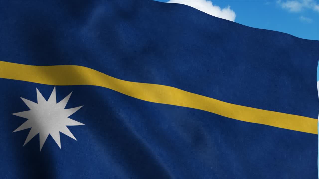 Nauru flag on a flagpole waving in the wind, blue sky background. 4K