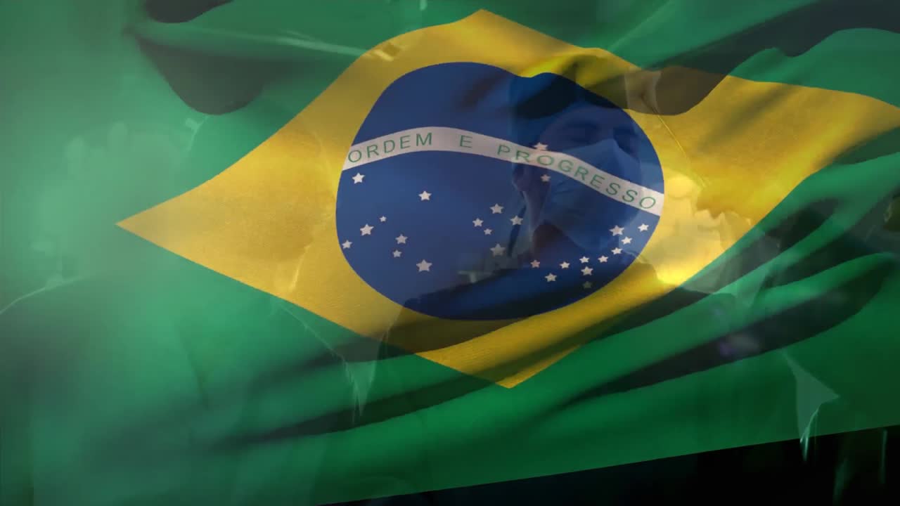 animación de la bandera de brasil sobre diversos cirujanos con máscaras faciales durante la cirugía.