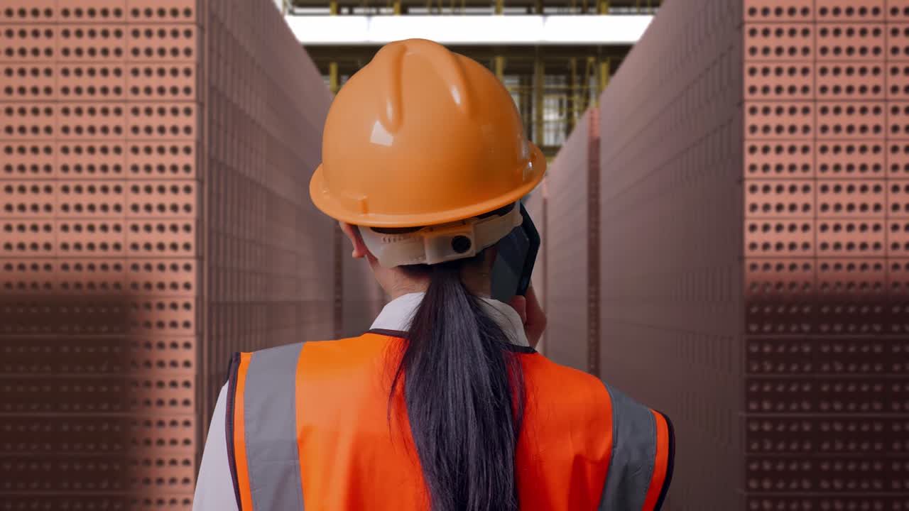 Close Up Back View Of Asian Female Engineer With Safety Helmet Talking On Smartphone While Standing With Red Brick Packed in Stacks Are Stored