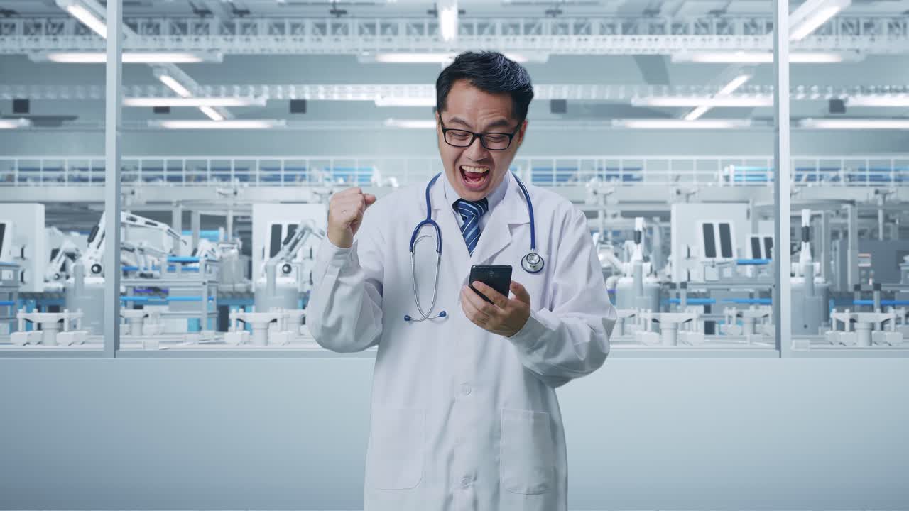 Doctor Celebrating Success in a Modern Factory