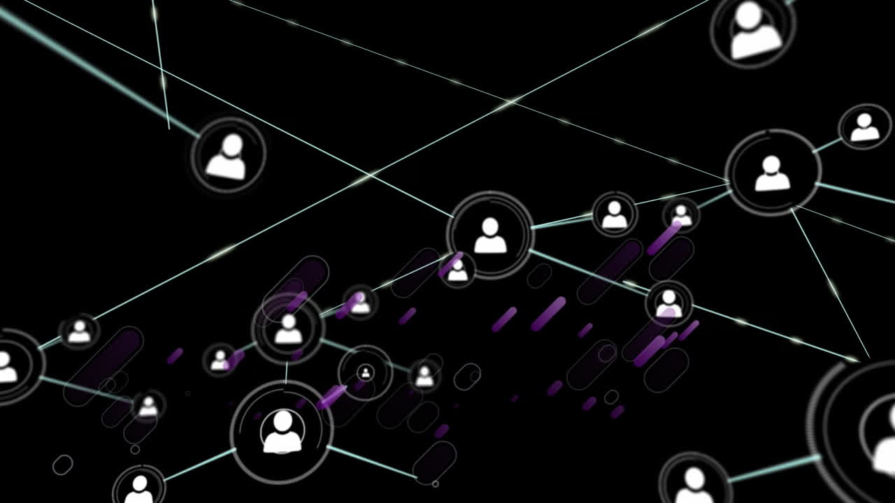 animación de líneas púrpuras y red de conexiones con iconos sobre fondo negro