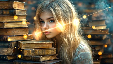 young woman admires antique books in a mystical library setting