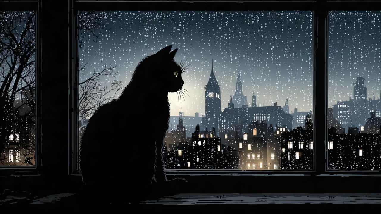 A solitary silhouette of a cat gazes out the window as rain cascades down the glass, creating a tranquil, reflective atmosphere in the quiet night cityscape