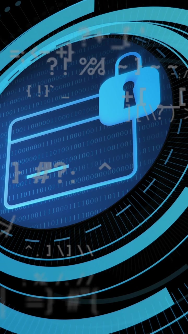 Animation of padlock and credit card in loading circles over symbols against black background