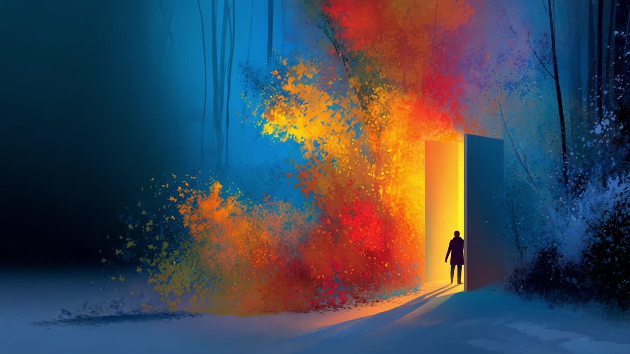 A solitary figure stands before a vibrant, glowing doorway amidst a mystical forest, where bursts of colorful foliage contrast against a serene, deep-blue background, inviting exploration and wonder