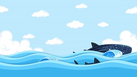 animated whale swimming through wavy seascape.