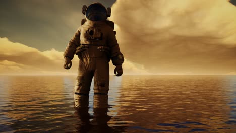 Spaceman-in-the-sea-under-clouds-at-sunset