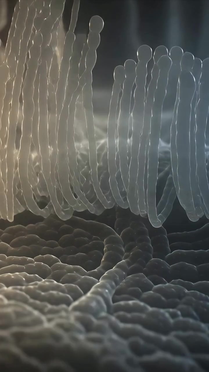 Vertical video: Swaying tubular filaments and beads reacting to camera pull in studio