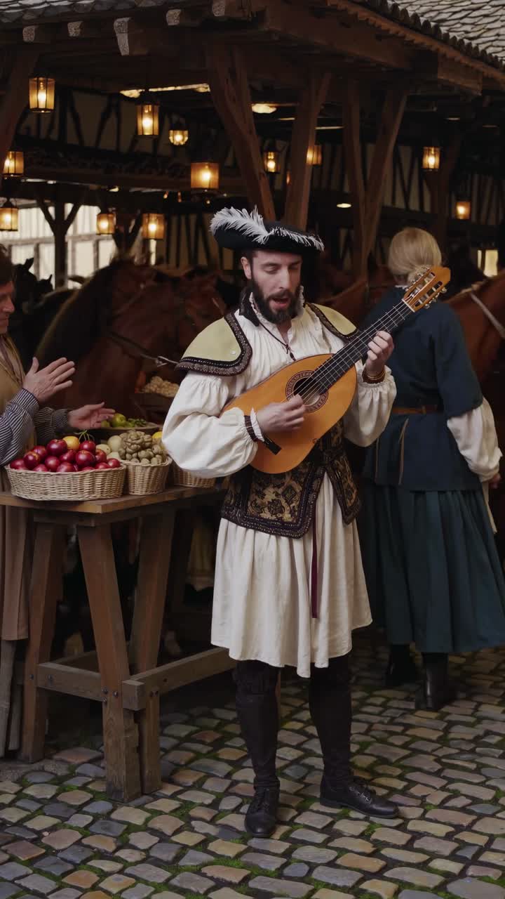 En renessansemesse-scene fanget i øyehøyde, med en musiker i tidstypisk antrekk som spiller