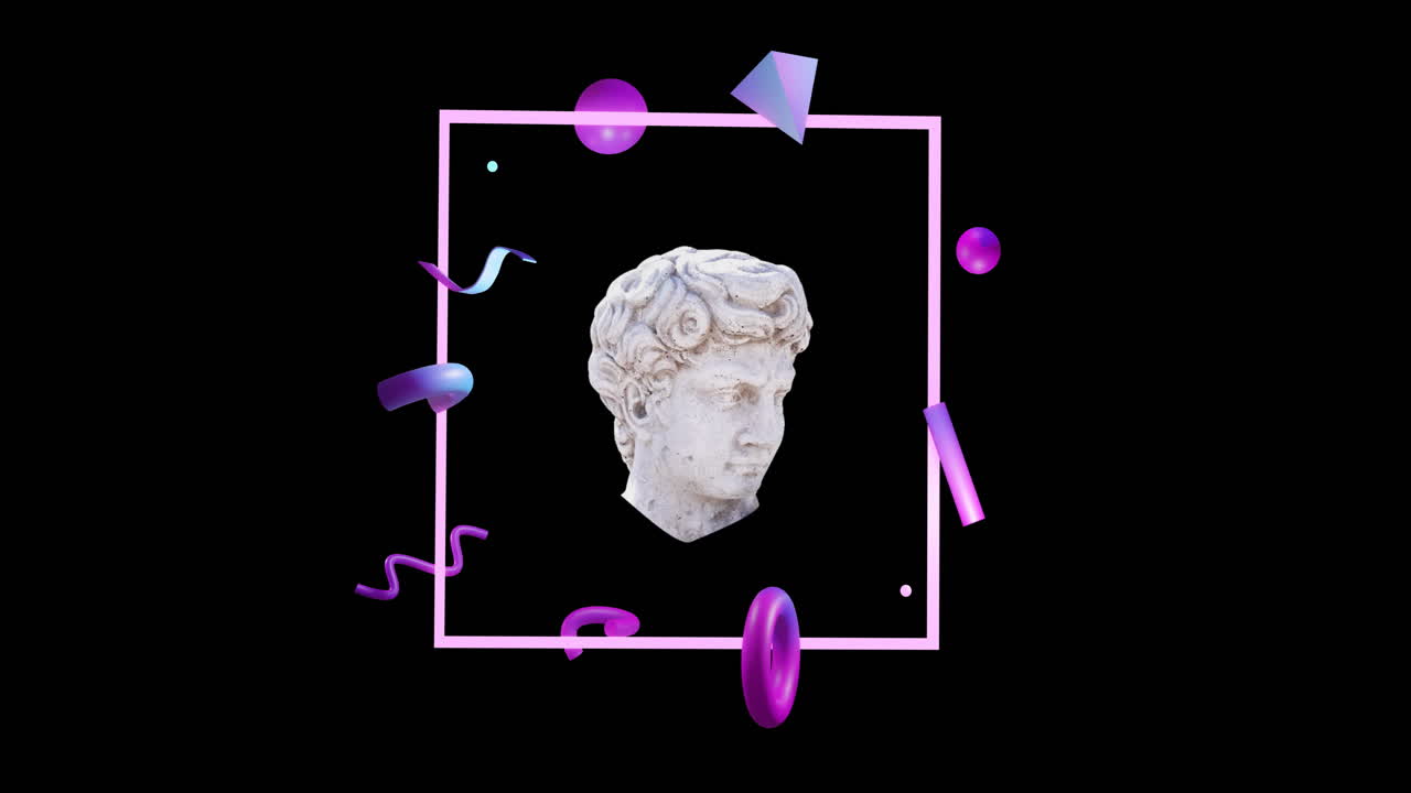 Animation of purple shapes moving over sculpture on black background