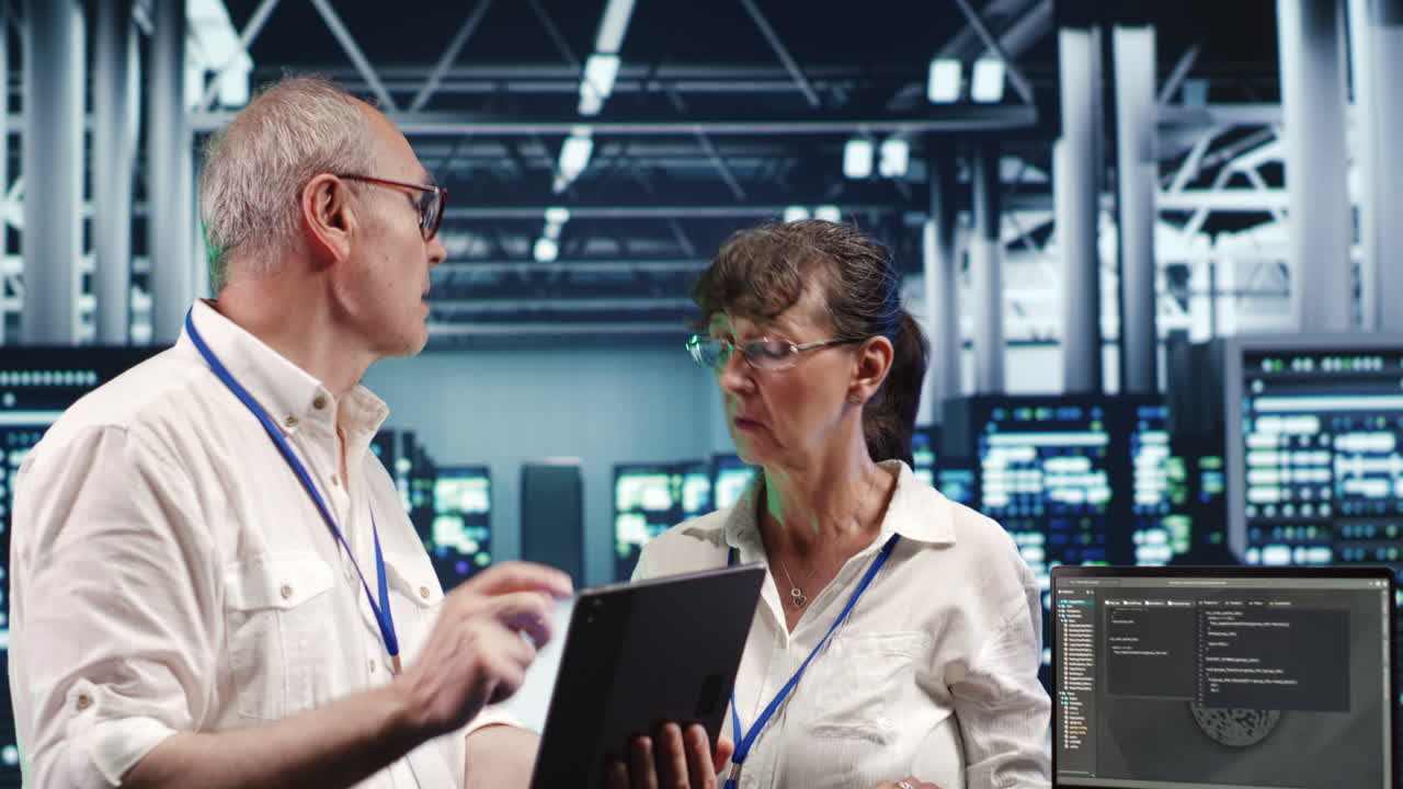 compañeros de trabajo ejecutando código en el centro de datos