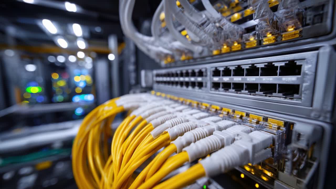 Detailed Close-Up of Ethernet Connections and Network Switch in a Modern Data Center Environment Featuring Fiber Optic Cables and High-Speed Connectivity