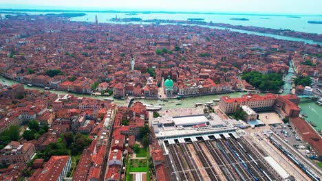 panoramic view from above of the city of venice in italy with landmarks on the bank of canal grande