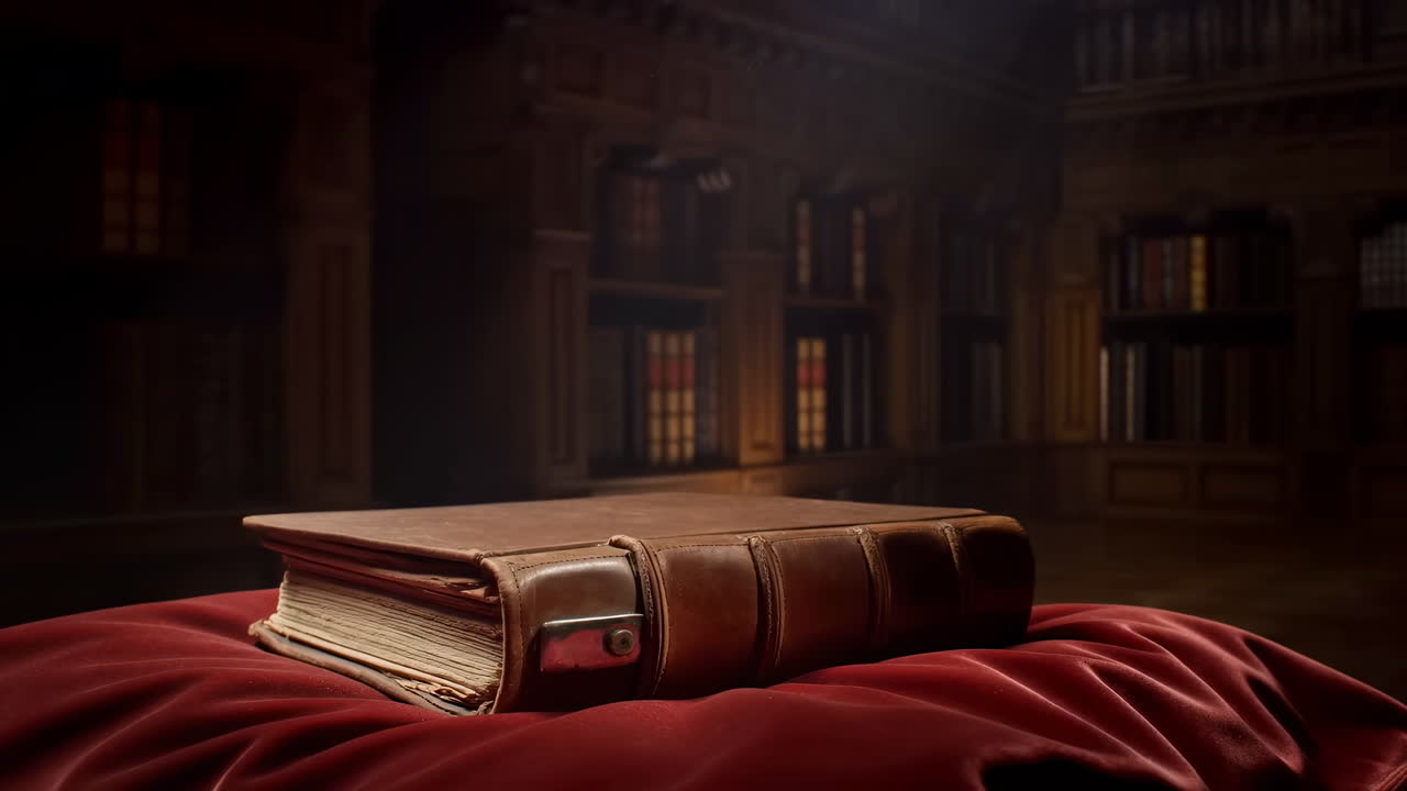 Antico libro in pelle su velluto rosso, appoggiato su un cuscino morbido in una biblioteca in penombra con luce calda di lampada, moti di polvere.