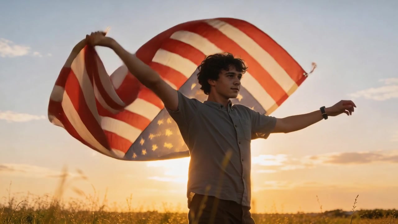 Spinning teen wearing shirt waving large American flag at sunset in grassy plain as breeze lifting