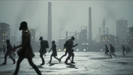 an urban scene of hasty figures amidst a gloomy industrial landscape, captured in a captivating atmosphere of movement and mystery