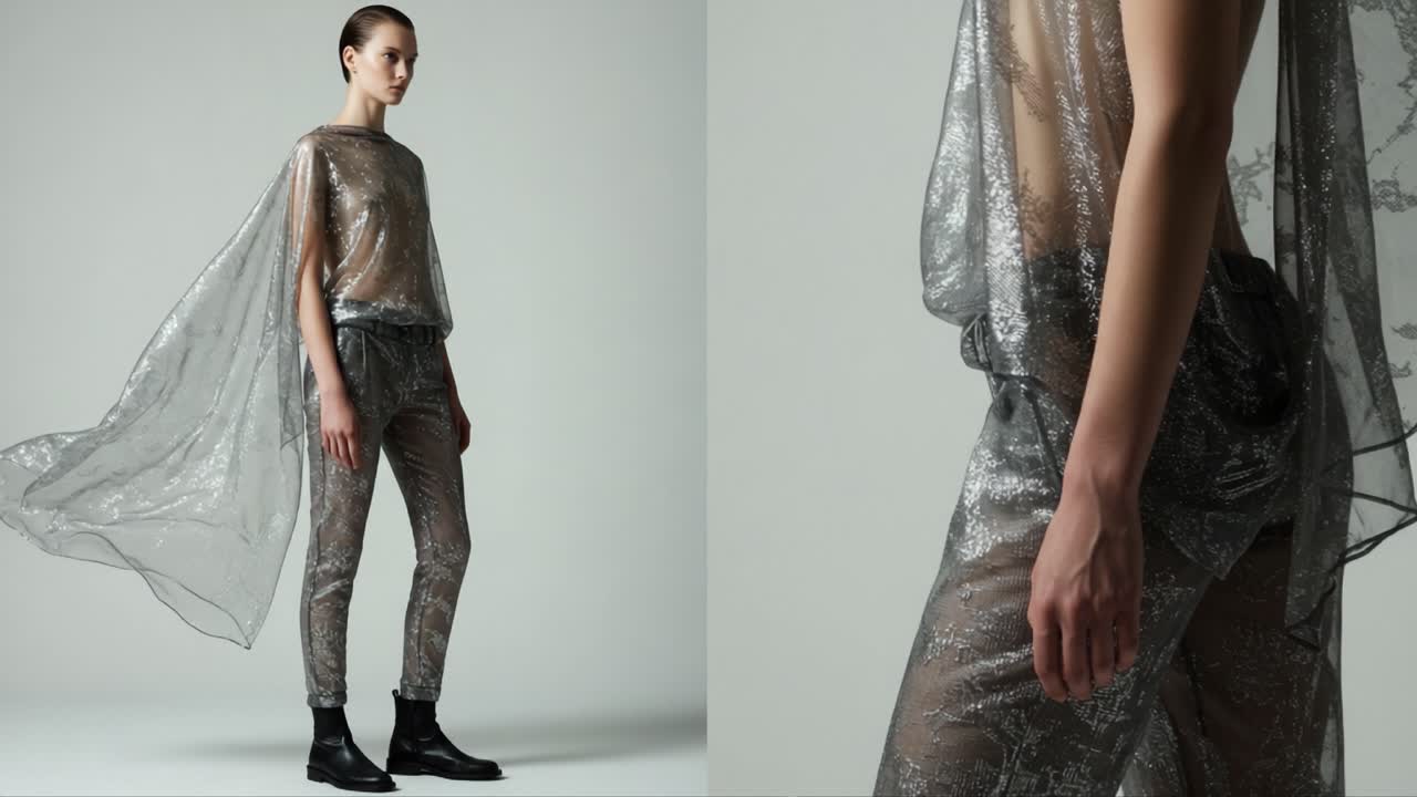 A Stunning Fashion Showcase Featuring a Model in a Shimmering Silver Ensemble, Highlighting Contemporary Styles with Unique Textures and Reflective Fabrics in a Minimalist Setting