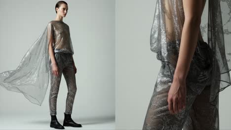 a stunning fashion showcase featuring a model in a shimmering silver ensemble, highlighting contemporary styles with unique textures and reflective fabrics in a minimalist setting