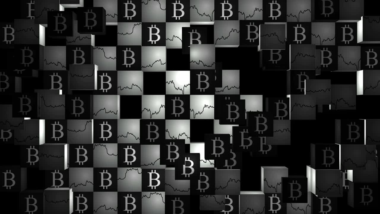 Bitcoins. Black and white cells replace each other in the mosaic canvas.