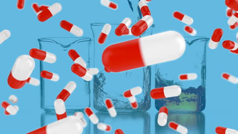 animation of falling capsules over liquid getting poured in beakers in laboratory