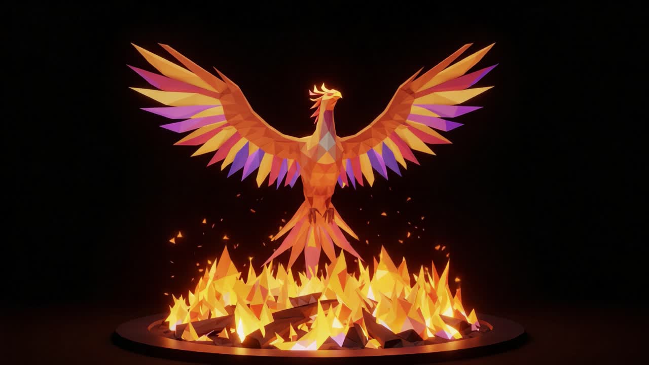 A majestic, geometric phoenix rises from a vibrant display of flames, showcasing its stunningly crafted wings and colorful plumage, embodying rebirth and strength