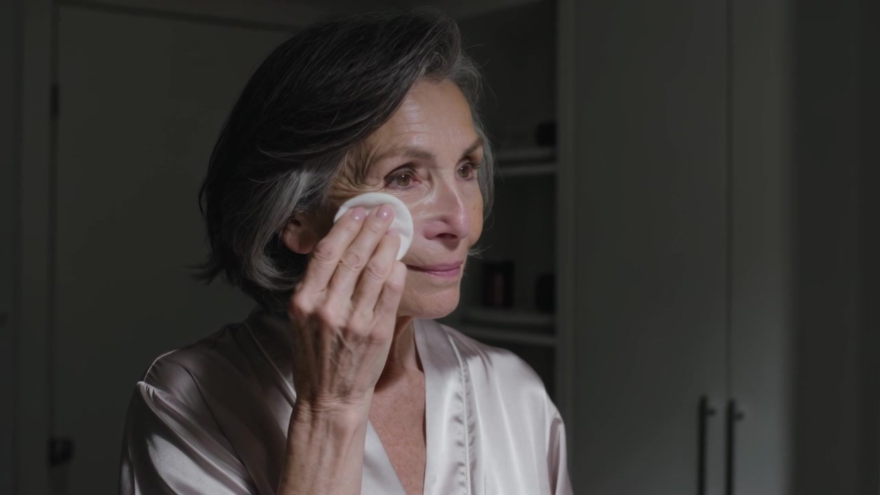 Starting, senior woman wiping face at bathroom mirror, removing makeup with cotton pad in silk robe