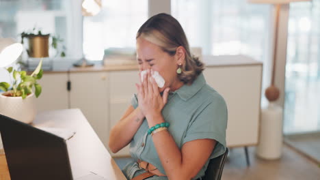 allergies, office and woman blowing her nose