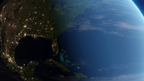 3d animation showing florida and the caribbean from space during the transition from day to night