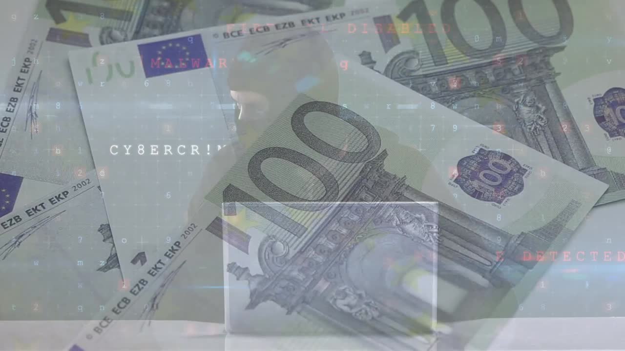 animación del procesamiento de datos sobre hacker masculino caucásico y billetes de banco