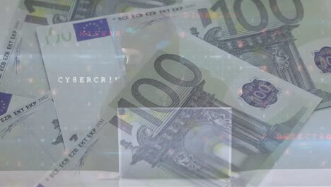 animation of data processing over caucasian male hacker and banknotes