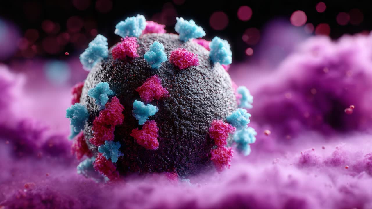 A vivid representation of a viral particle, showcasing its intricate structure against a dynamic backdrop of colorful hues and textures, emphasizing the complexity of microorganisms