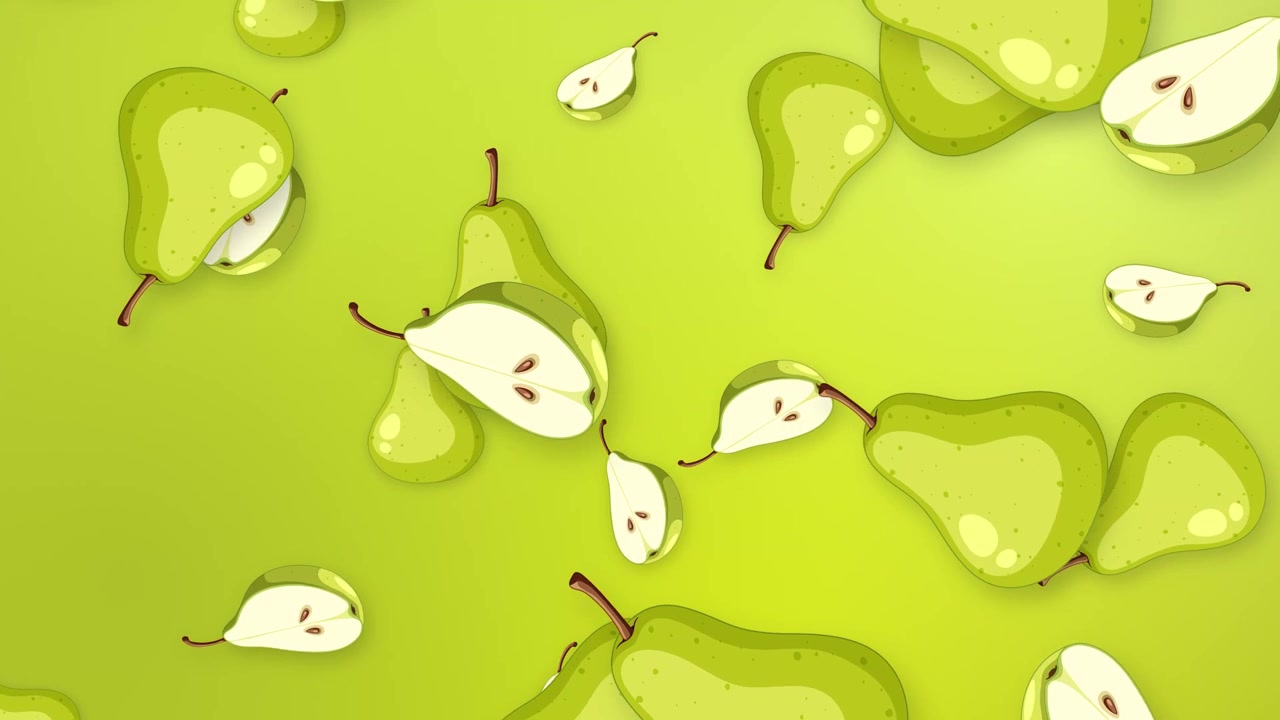 Pere verdi intere e a fette animate cadono continuamente su uno sfondo sfumato verde lime vibrante.