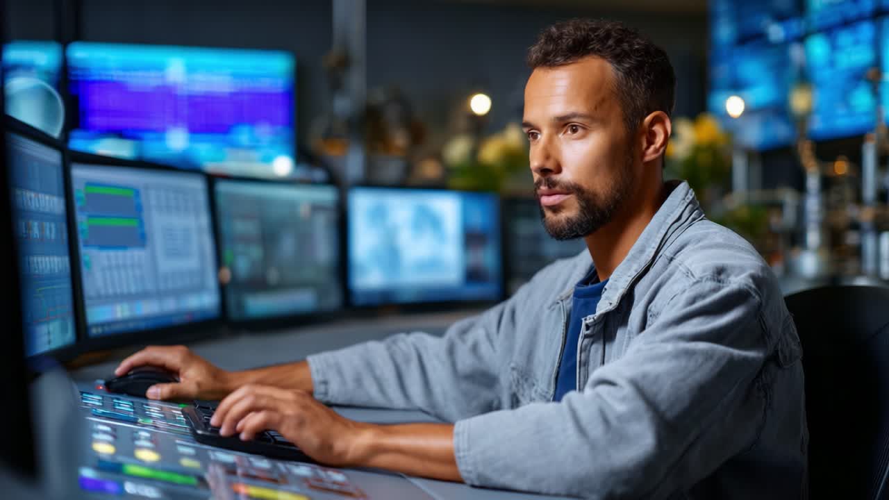 Focused Operator Monitoring Multiple Screens with Data Visualizations and Real-Time Analytics in a Tech-Driven Environment