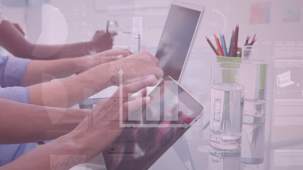 통계 및 데이터 처리를 전자 장치를 사용하는 사업가에 대한 애니메이션