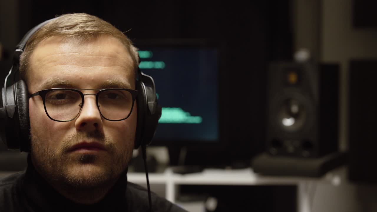 Cinematic portrait of a man in headphones in a home studio with a blurred computer screen behind—concept for AI music production, sound design, audio editing, and modern creative workflow