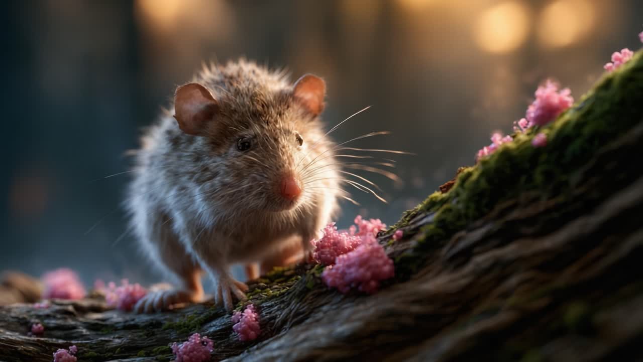 Un'incantevole scena boschiva con un topo curioso che esplora un tronco vivace adornato con fiori rosa, catturando la bellezza della natura e della fauna selvatica in dettaglio ravvicinato.