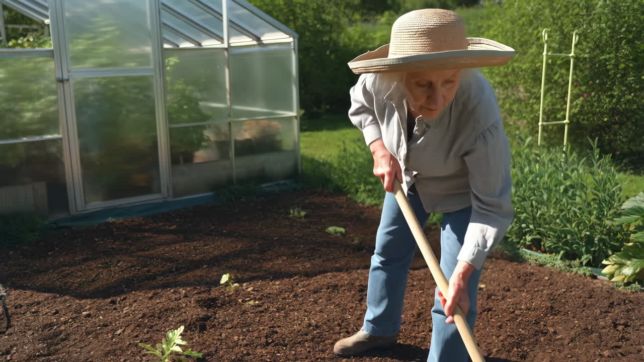 Elderly Woman Gardening in Her Garden