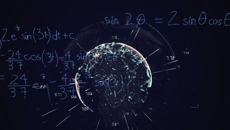 animation of mathematical formulae and data processing and information flowing on blue background