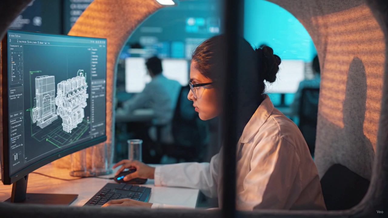 Focused Scientist Analyzing Complex Data on Computer Screen While Wearing Lab Coat in Modern Research Environment with Innovative Technology and Equipment