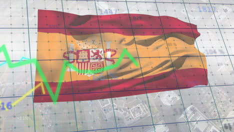 Animación-De-La-Bandera-Española-Ondeando-Sobre-Gráficos-Lineales-Que-Se-Mueven-Sobre-Un-Patrón-De-Cuadrícula-Con-Números.