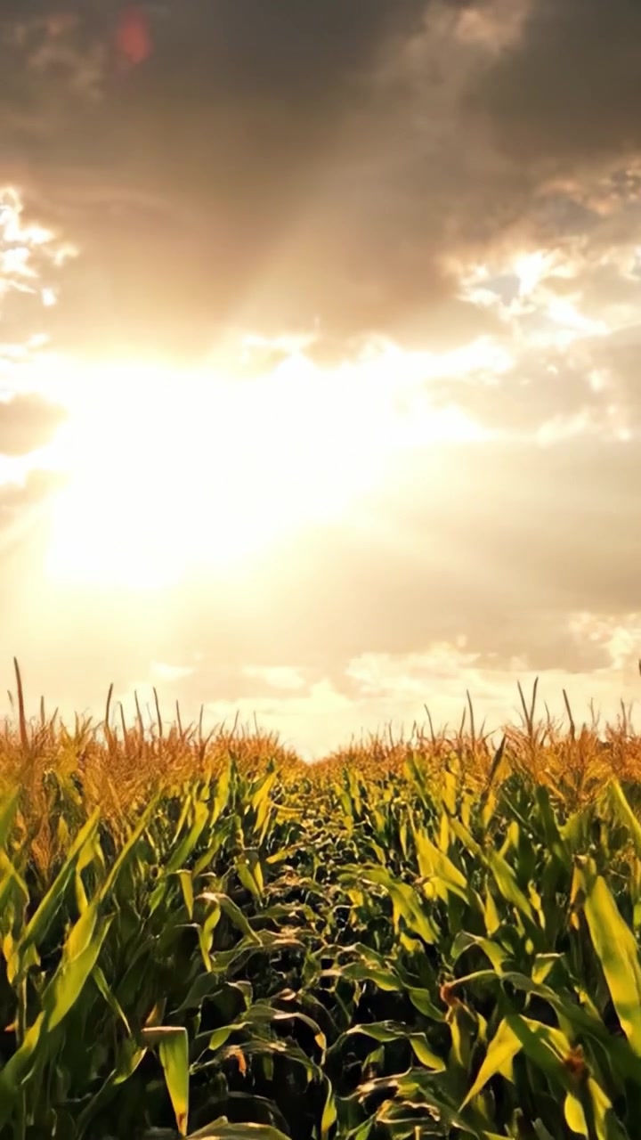 Majestic Cornfield at Dusk: A Captivating Journey through Lush Green Rows under a Glorious Sky Illuminated by a Vibrant Sunset