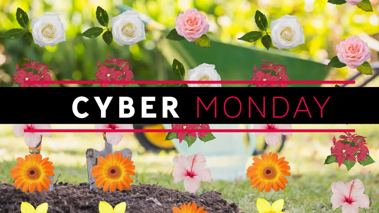 사이버 월요일 텍스트 배너의 디지털 애니메이션 여러 가지 다채로운 꽃 아이콘과 정원